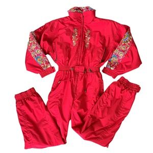 Powderhorn Rare Vintage Red Apre Ski Suit Overall Floral Embroidery Paisley 10